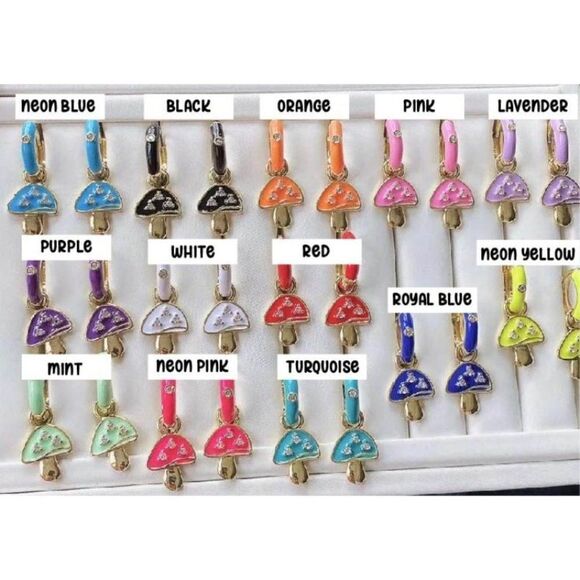 Gold Plated Rainbow Colored Enamel Mushroom Capped Huggie Hoop Festival Earrings - Picture 13 of 13